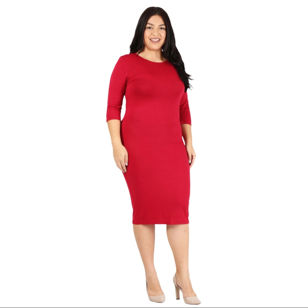 Red Bodycon 3/4 Sleeve Midi Dress